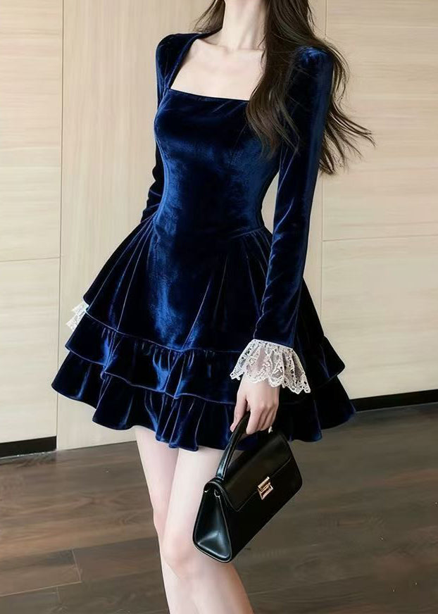 Square Neck Long Sleeve Lace Cuff Tiered Ruffle Velvet Mini Dress 5