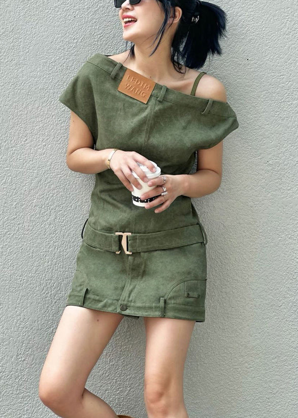 Asymmetric Off-Shoulder Belted Waist Denim Trouser-Style Mini Dress