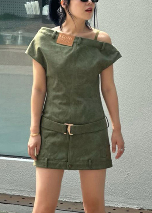 Asymmetric Off-Shoulder Belted Waist Denim Trouser-Style Mini Dress 2