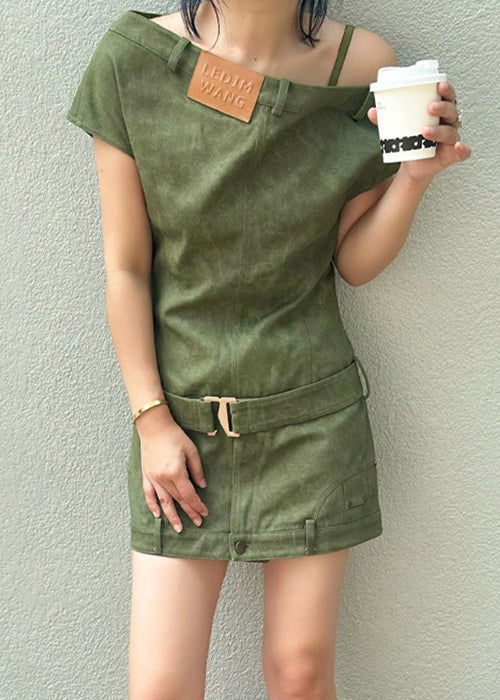 Asymmetric Off-Shoulder Belted Waist Denim Trouser-Style Mini Dress 3