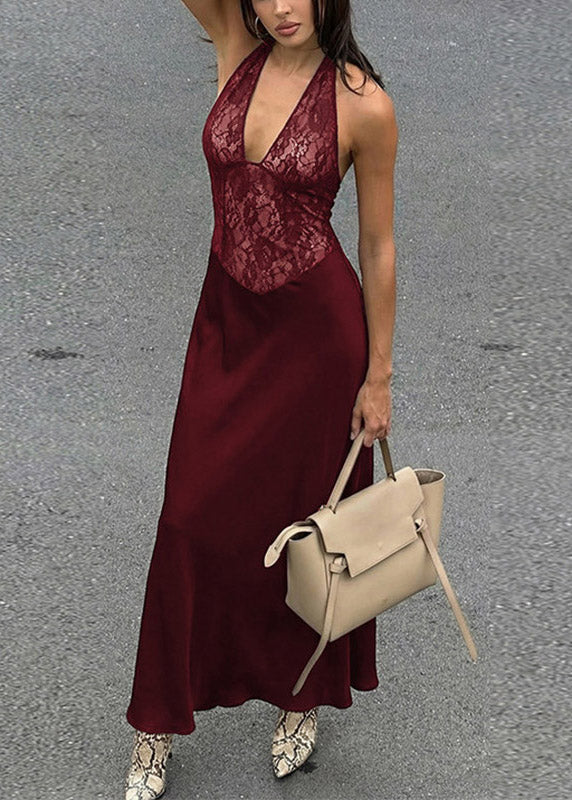 Halter Deep V Lace Bodice Satin A Line Maxi Gown 3