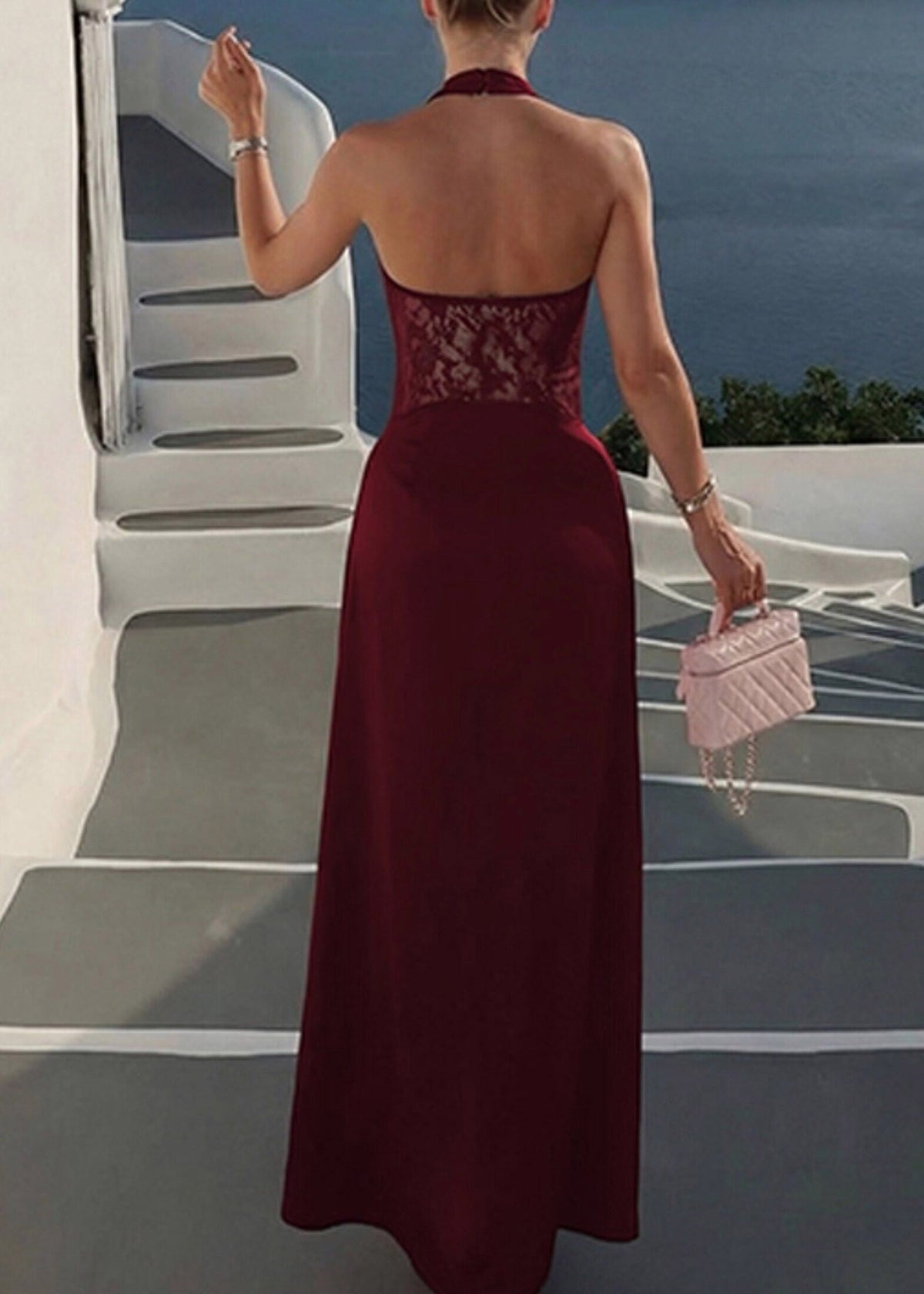 Halter Deep V Lace Bodice Satin A Line Maxi Gown 4