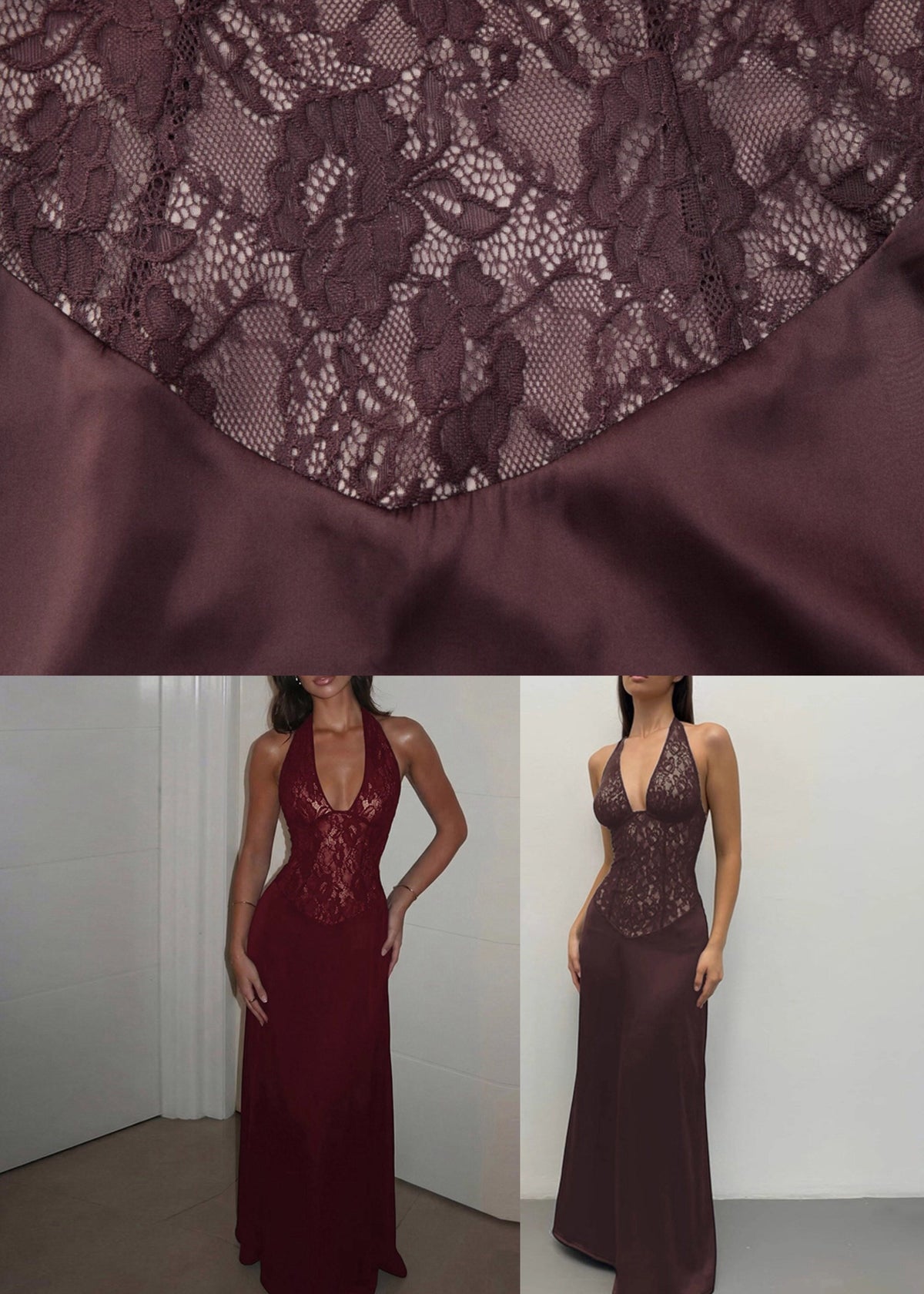 Halter Deep V Lace Bodice Satin A Line Maxi Gown 5