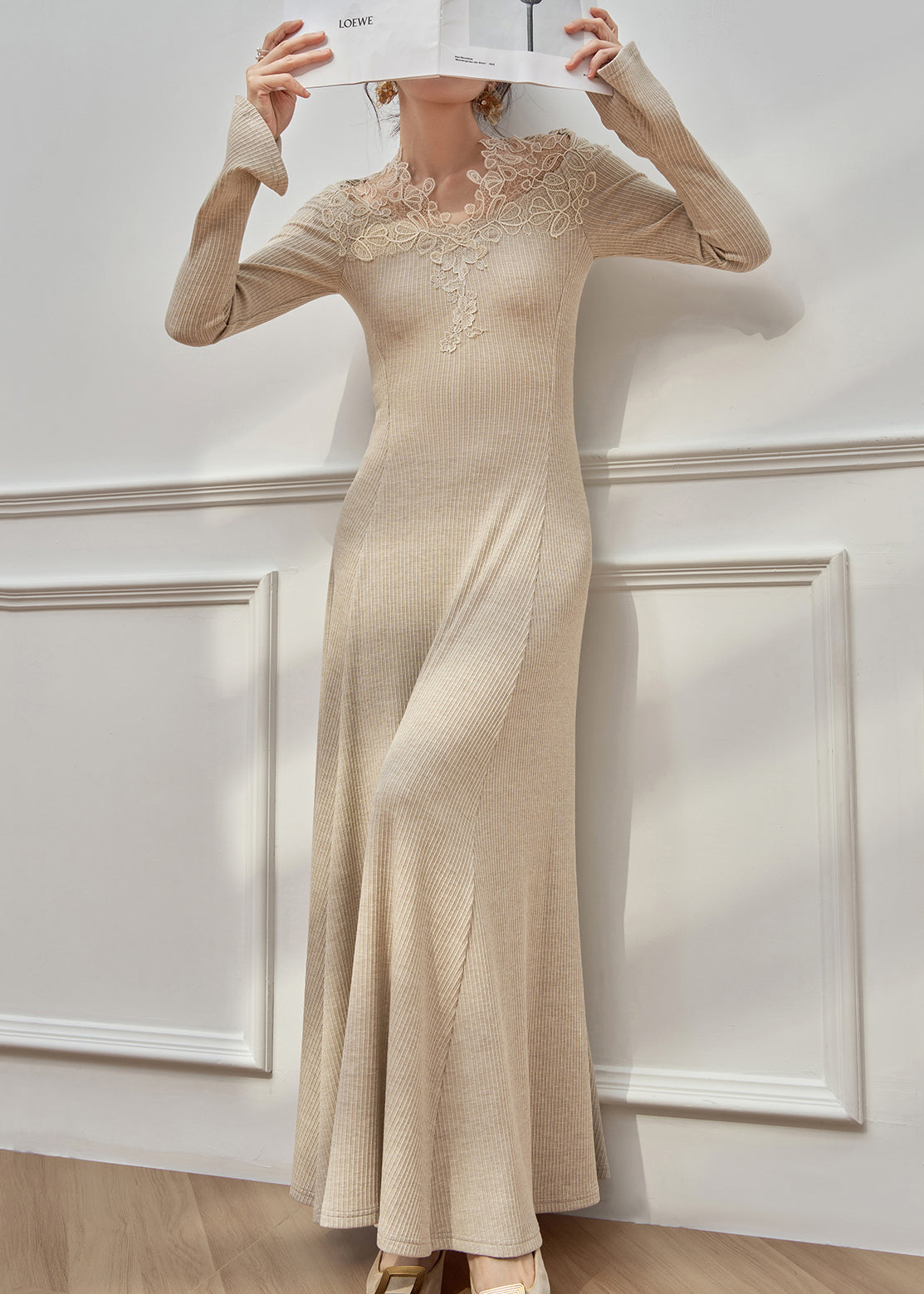 Deep V-Neck Lace Applique Ribbed Knit Flared Hem Maxi Dress