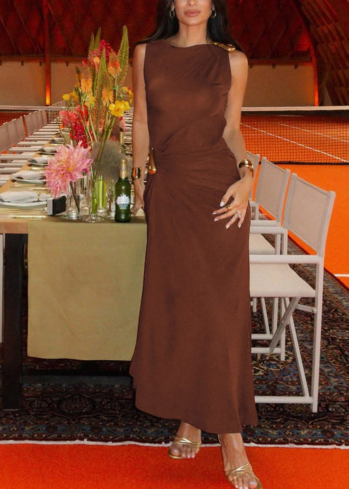 Round Neck Metal Ring Shoulder Waist Gathered Drape Asymmetric Maxi Dress 4