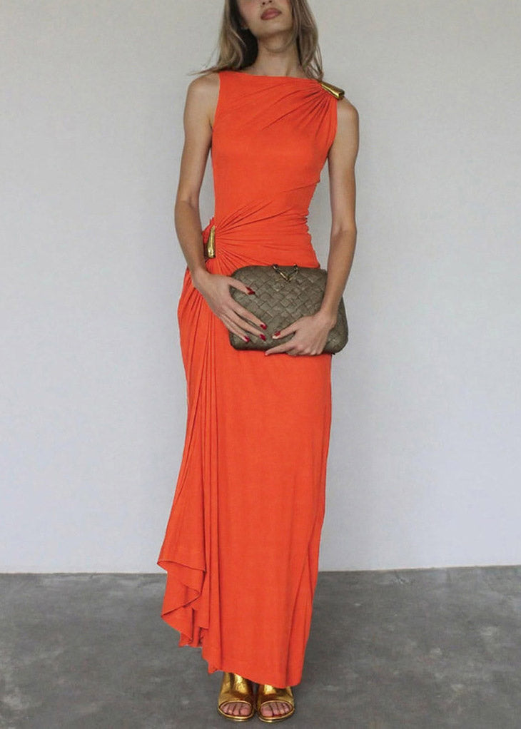Round Neck Metal Ring Shoulder Waist Gathered Drape Asymmetric Maxi Dress 5