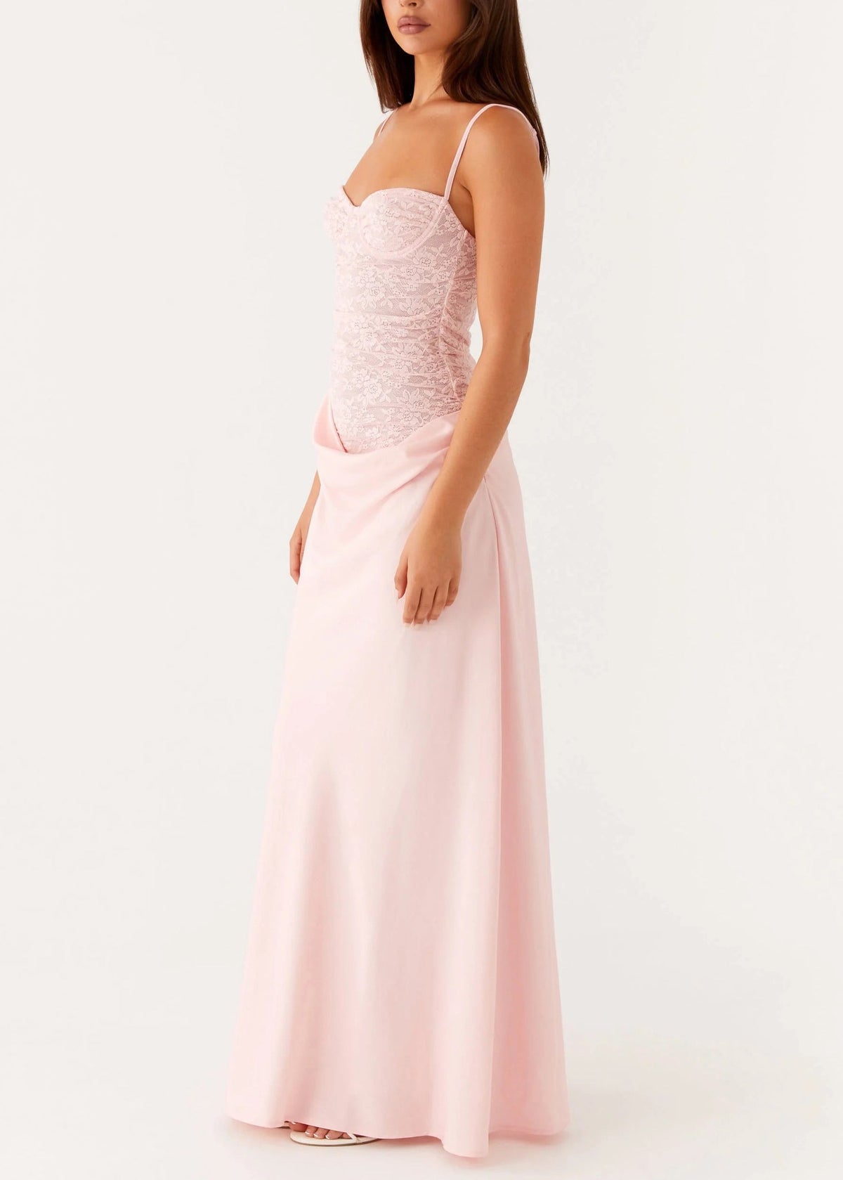 Sweetheart Neck Spaghetti Strap Lace Corset Basque Waist Cowl Skirt Maxi Dress 4