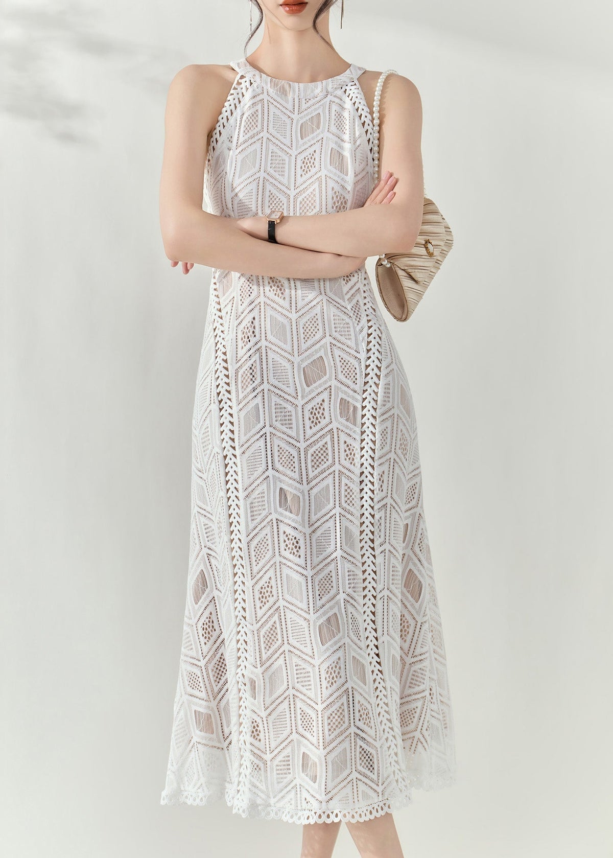 Halter Neck Geometric Diamond Crochet Lace Slim Fit Maxi Dress 2