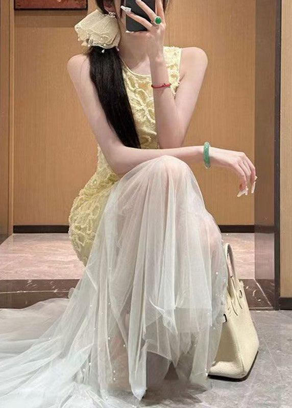 Crew Neck Lace Overlay Pearl-Embellished Tulle Skirt Sleeveless Maxi Dress 2
