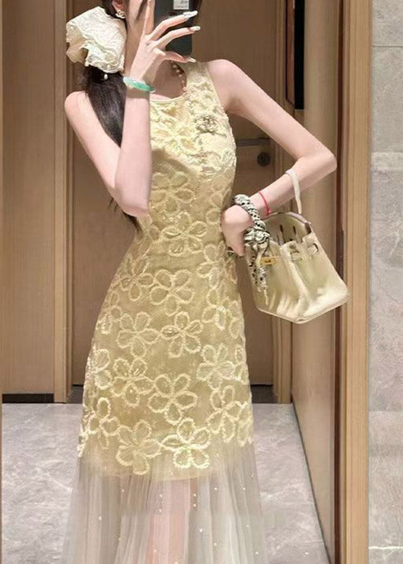Crew Neck Lace Overlay Pearl-Embellished Tulle Skirt Sleeveless Maxi Dress 3