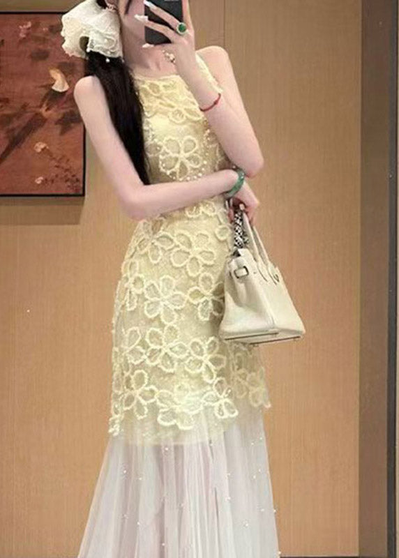 Crew Neck Lace Overlay Pearl-Embellished Tulle Skirt Sleeveless Maxi Dress 4