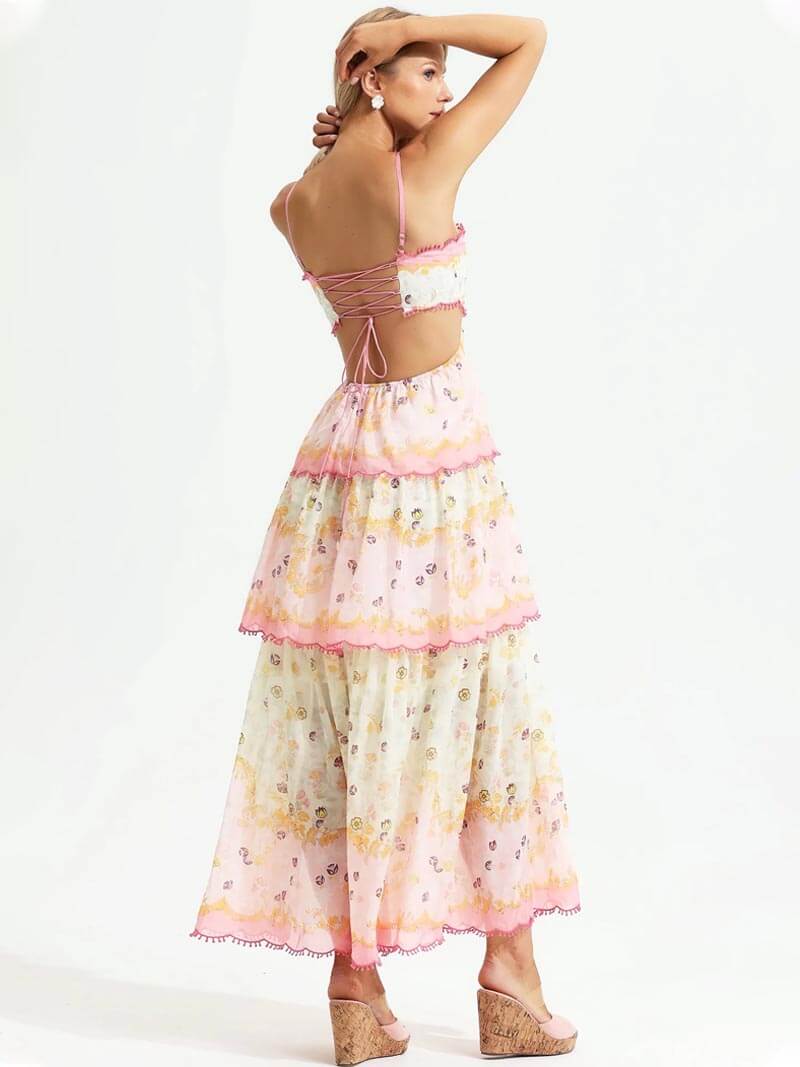 Lace Up Back Scalloped Trim Tiered Floral Print Maxi Set 8