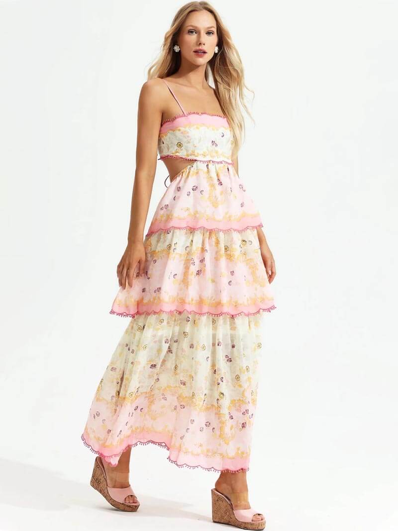 Lace Up Back Scalloped Trim Tiered Floral Print Maxi Set 7
