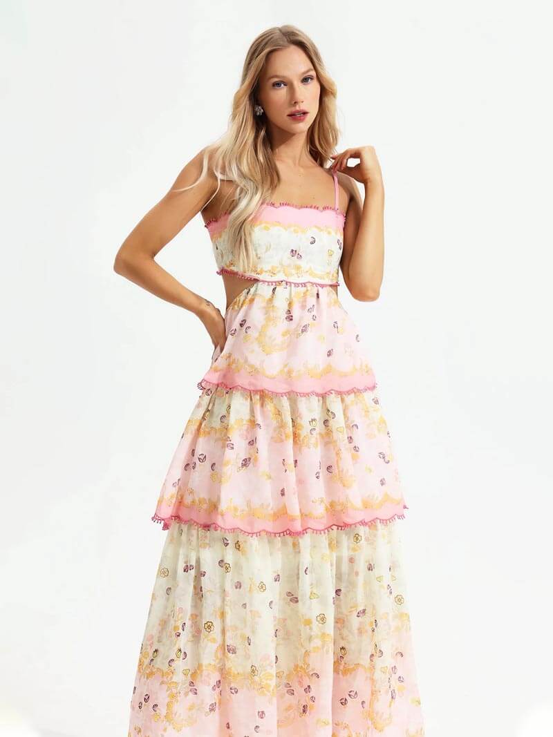 Lace Up Back Scalloped Trim Tiered Floral Print Maxi Set 6