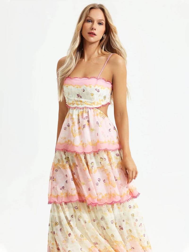 Lace Up Back Scalloped Trim Tiered Floral Print Maxi Set 5