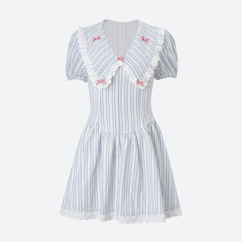 Stripe Eyelet Lace Chelsea Collar Bow Trim Fit and Flare Mini Dress 6