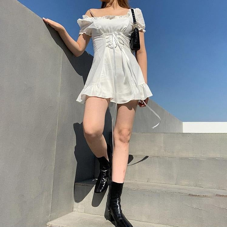 Square Neck Puff Sleeve Corset Lace-Up Ruffle Hem Mini Dress