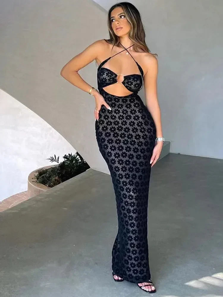 Halter Ring Hardware Under Bust Cutout Burnout Floral Flock Bodycon Maxi Dress 6