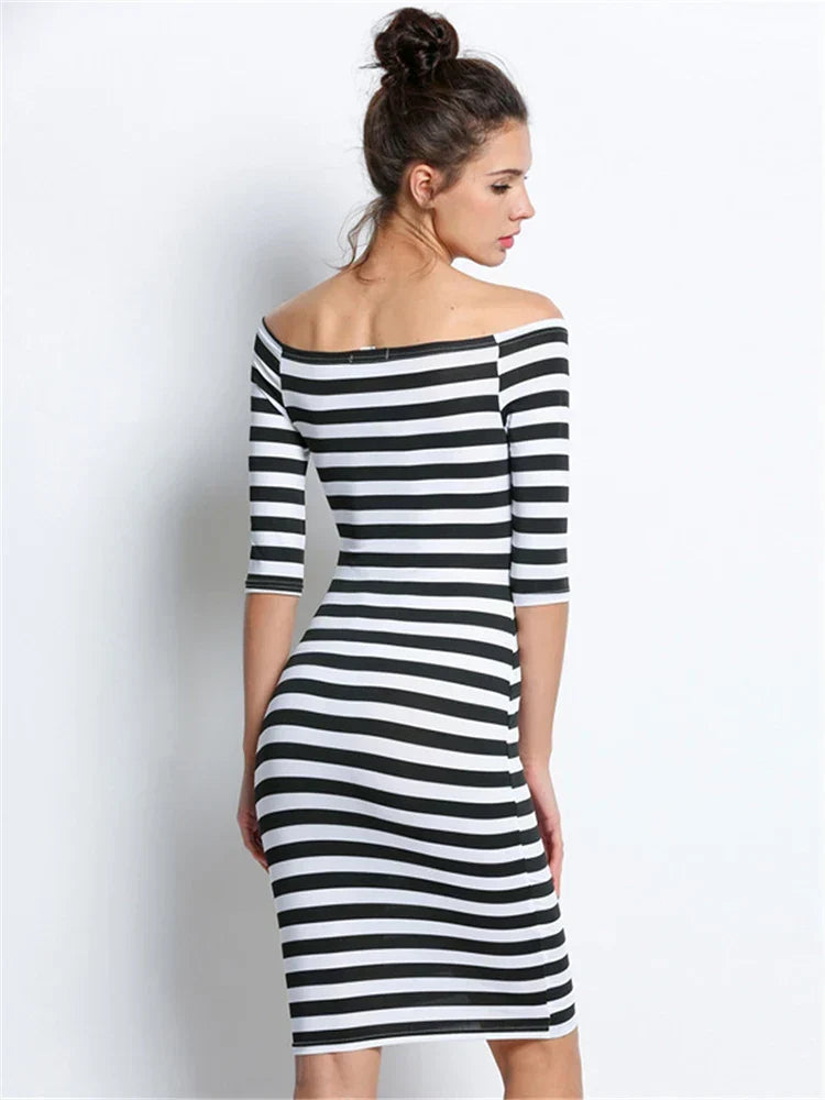 Off Shoulder Stripe Three Quarter Sleeve Bodycon Knee Length Dress 2