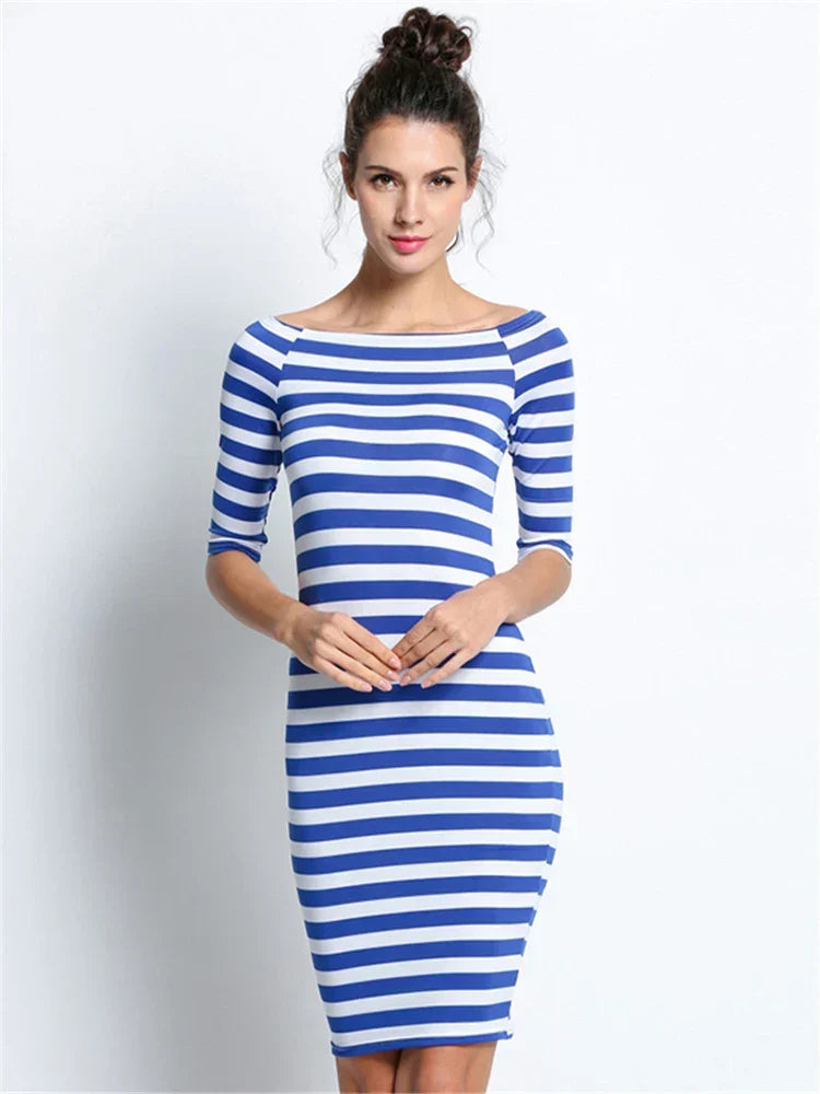 Off Shoulder Stripe Three Quarter Sleeve Bodycon Knee Length Dress 3
