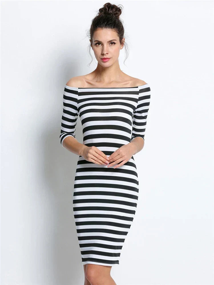 Off Shoulder Stripe Three Quarter Sleeve Bodycon Knee Length Dress 7