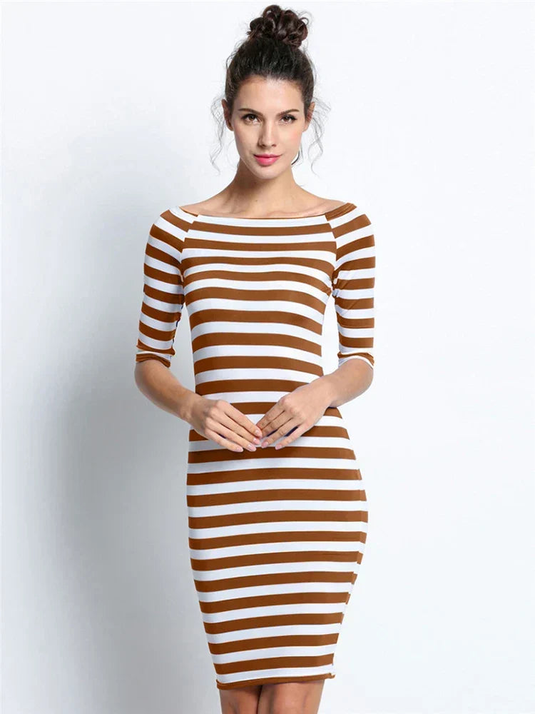 Off Shoulder Stripe Three Quarter Sleeve Bodycon Knee Length Dress 4