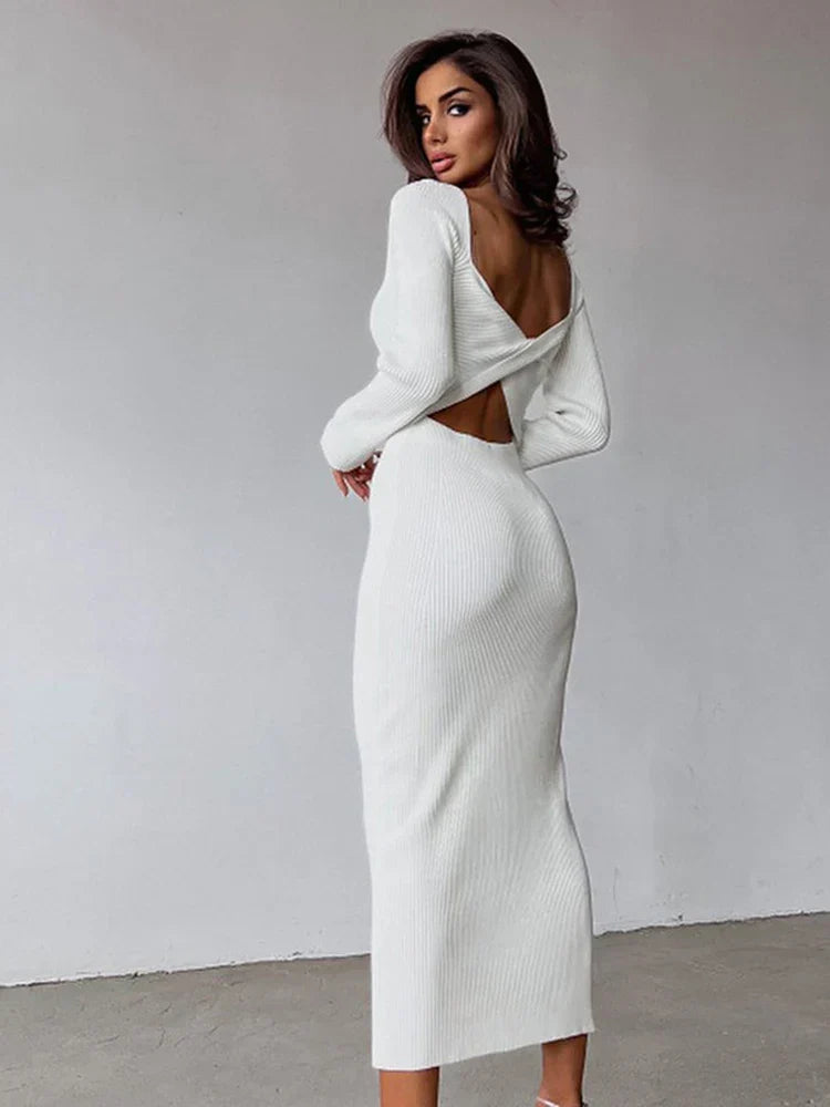 Ribbed Knit Twist Front Sweetheart Cutout Long Sleeve Bodycon Maxi Dress 2