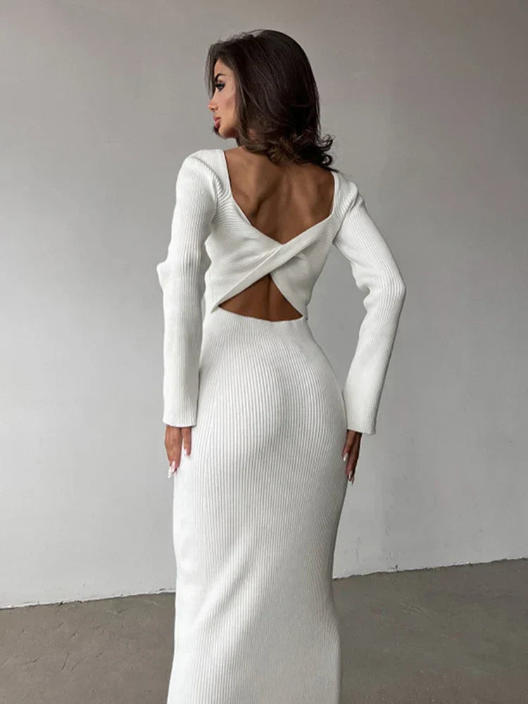 Ribbed Knit Twist Front Sweetheart Cutout Long Sleeve Bodycon Maxi Dress 4