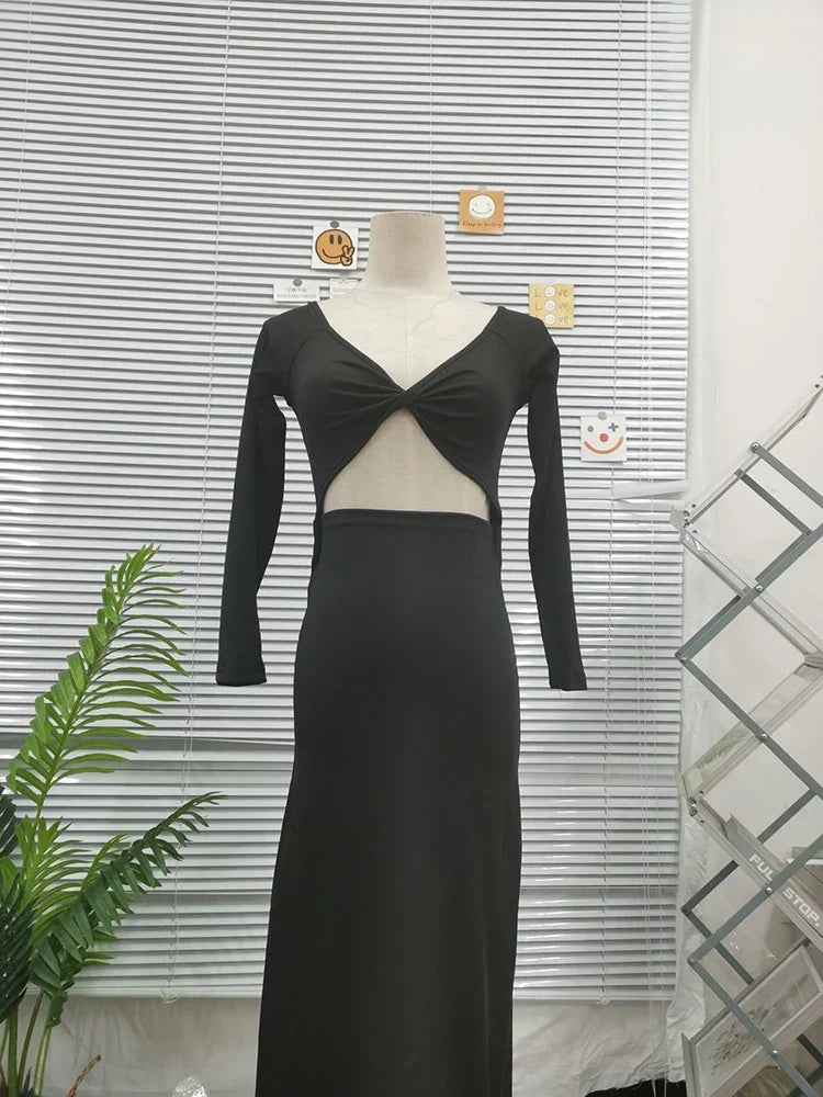 Ribbed Knit Twist Front Sweetheart Cutout Long Sleeve Bodycon Maxi Dress 6