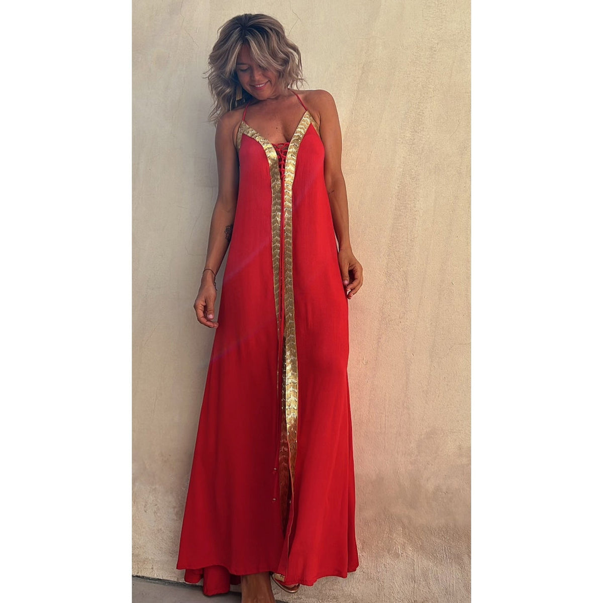 Halter Lace Up Front Metallic Trim Loose Maxi Dress