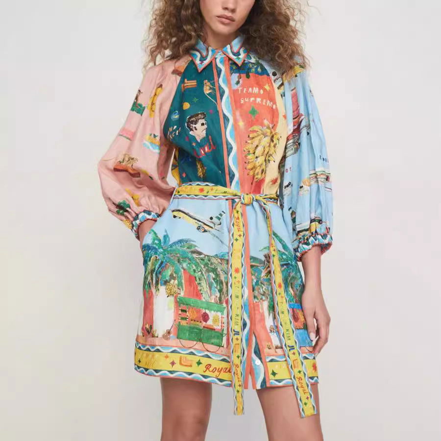 Paneled Scenic Print Collared Lantern Sleeve Belted Shirt Mini Dress