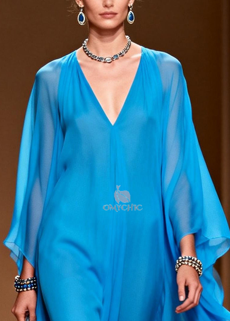 Deep V-Neck Cape Sleeve Sheer Chiffon Maxi Dress 2