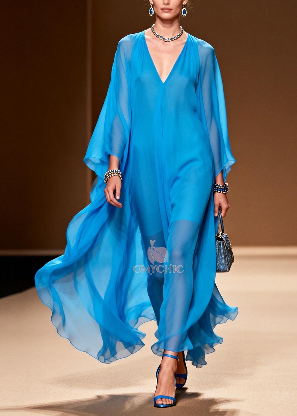 Deep V-Neck Cape Sleeve Sheer Chiffon Maxi Dress 3