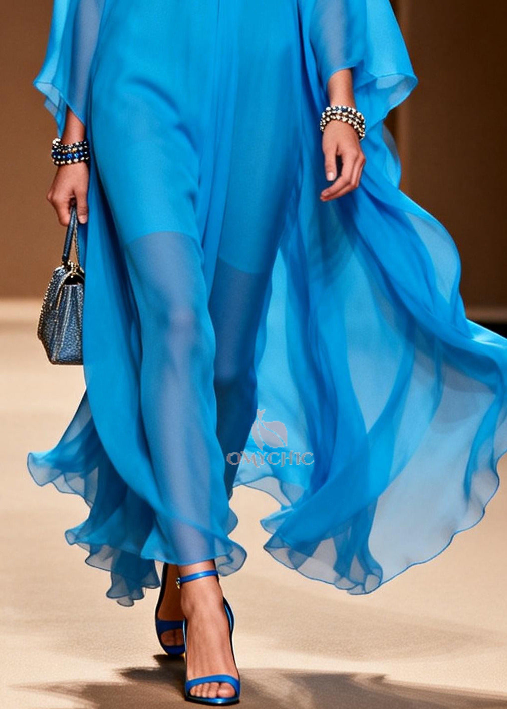 Deep V-Neck Cape Sleeve Sheer Chiffon Maxi Dress 4