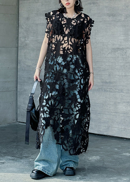 Round Neck Floral Cutout Lace Asymmetrical Hem Sleeveless Longline Dress