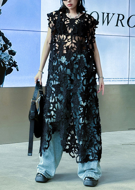 Round Neck Floral Cutout Lace Asymmetrical Hem Sleeveless Longline Dress 2
