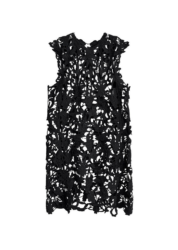 Round Neck Floral Cutout Lace Asymmetrical Hem Sleeveless Longline Dress 5