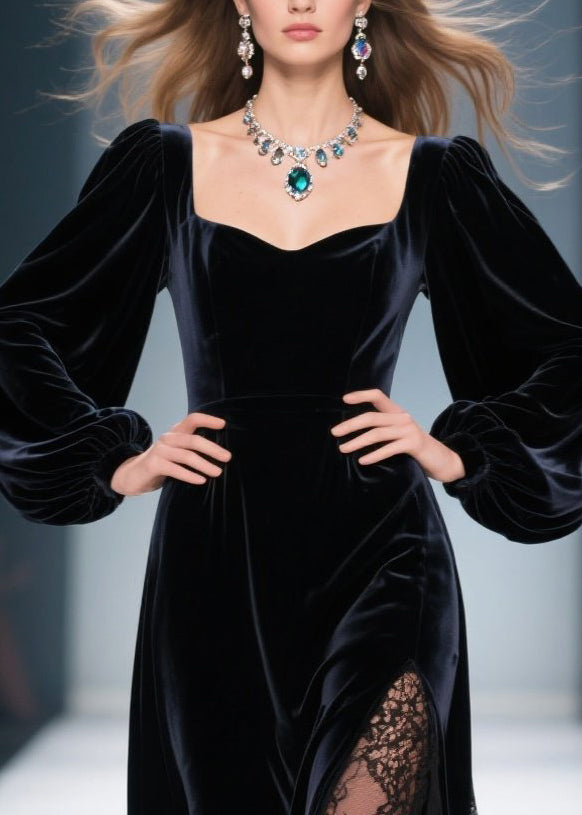 Sweetheart Neck Bishop Sleeve Velvet Lace Inset High-Slit Maxi Gown 2