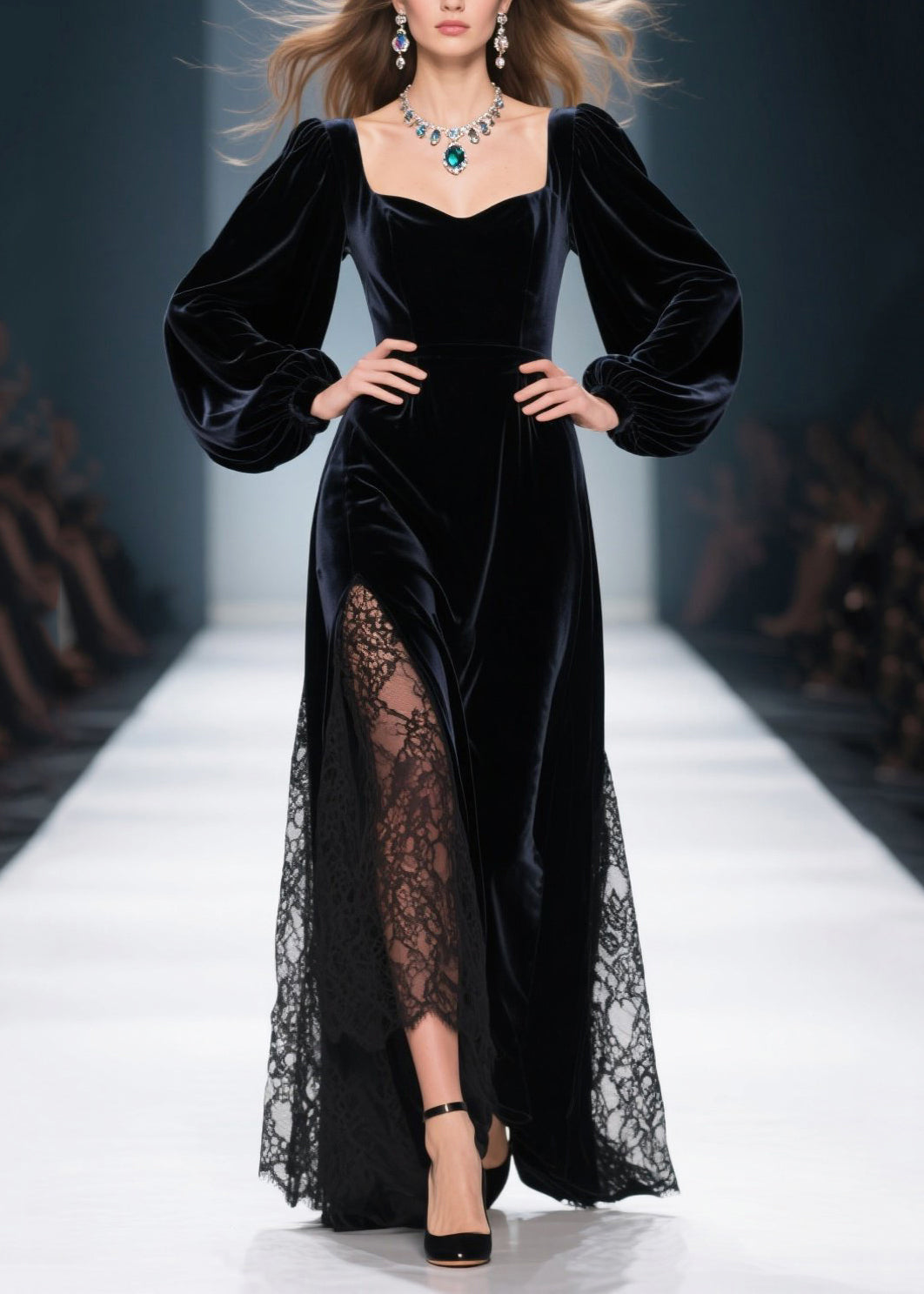 Sweetheart Neck Bishop Sleeve Velvet Lace Inset High-Slit Maxi Gown 3