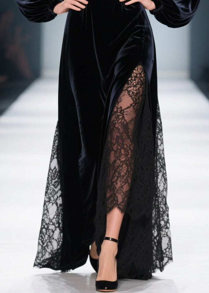 Sweetheart Neck Bishop Sleeve Velvet Lace Inset High-Slit Maxi Gown 4