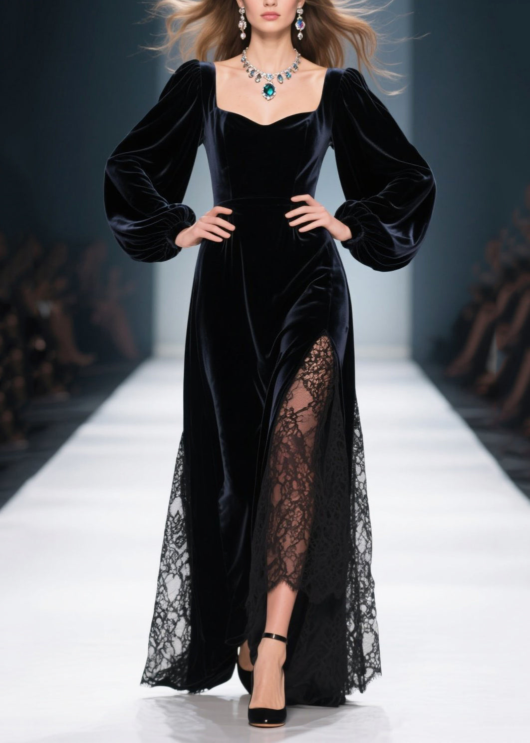 Sweetheart Neck Bishop Sleeve Velvet Lace Inset High-Slit Maxi Gown 5