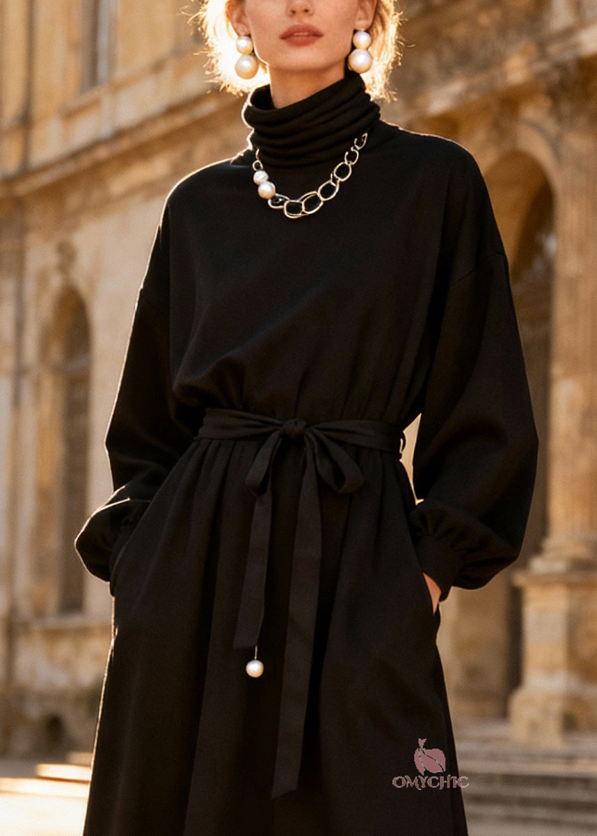 Turtleneck Balloon Sleeve Sash Tie Lace Trim Handkerchief Hem Midi Dress 2