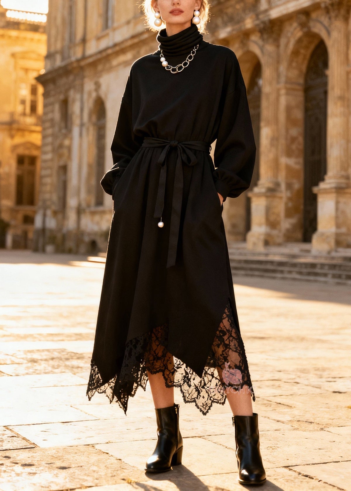 Turtleneck Balloon Sleeve Sash Tie Lace Trim Handkerchief Hem Midi Dress 3