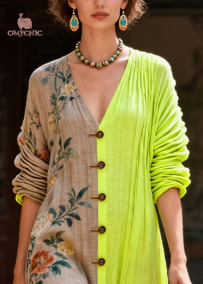 Deep V-Neck Colorblock Asymmetrical Patchwork Cotton Maxi Dress 2