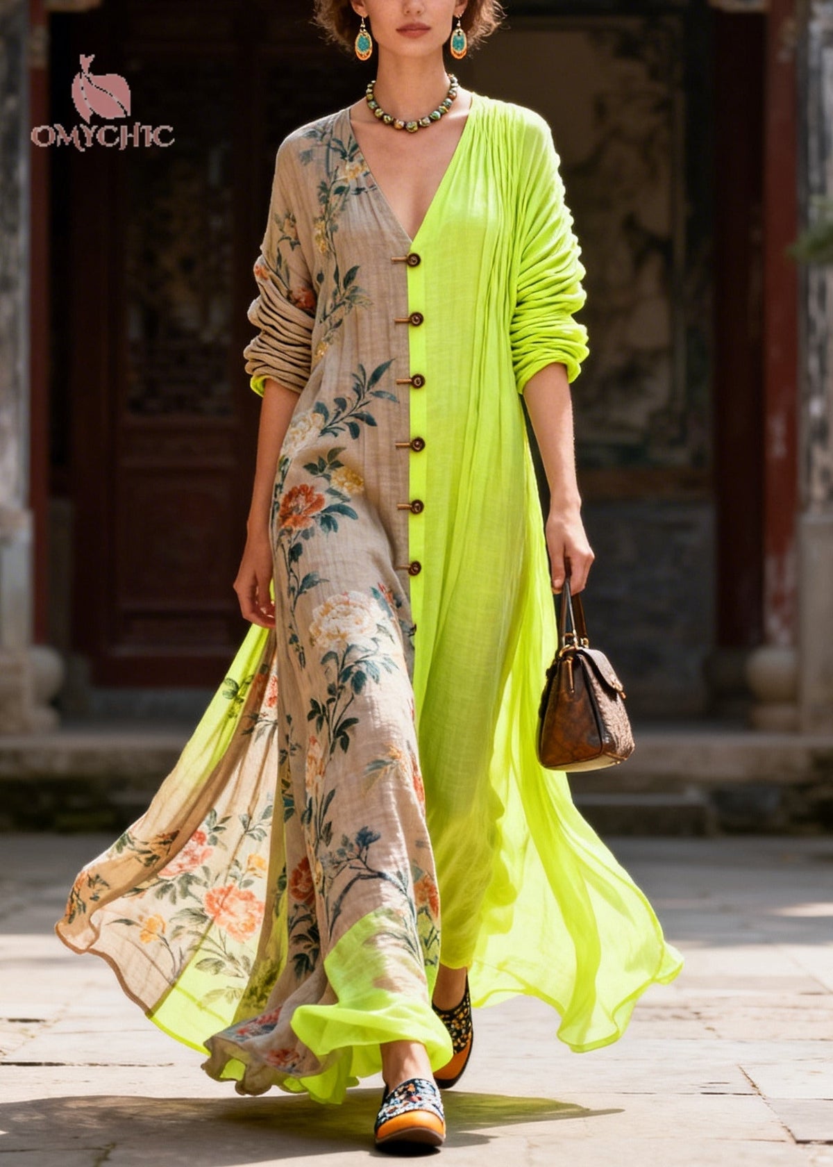 Deep V-Neck Colorblock Asymmetrical Patchwork Cotton Maxi Dress 5
