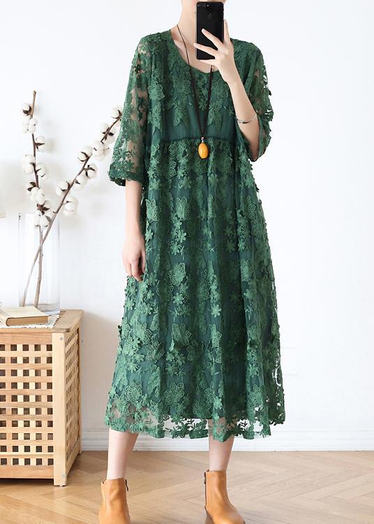 Round Neck Three Quarter Sleeve Floral Lace Embroidered Overlay Midi Dress 2