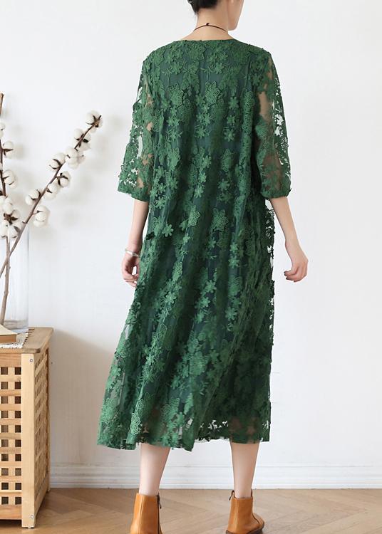 Round Neck Three Quarter Sleeve Floral Lace Embroidered Overlay Midi Dress 3
