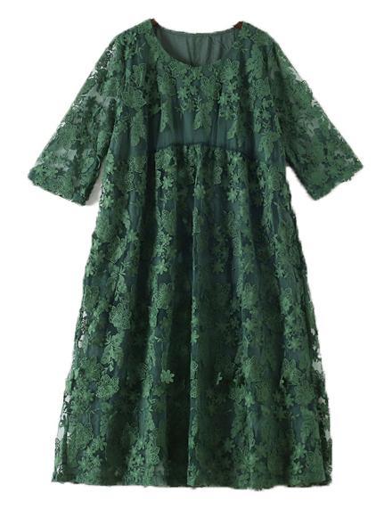 Round Neck Three Quarter Sleeve Floral Lace Embroidered Overlay Midi Dress 4