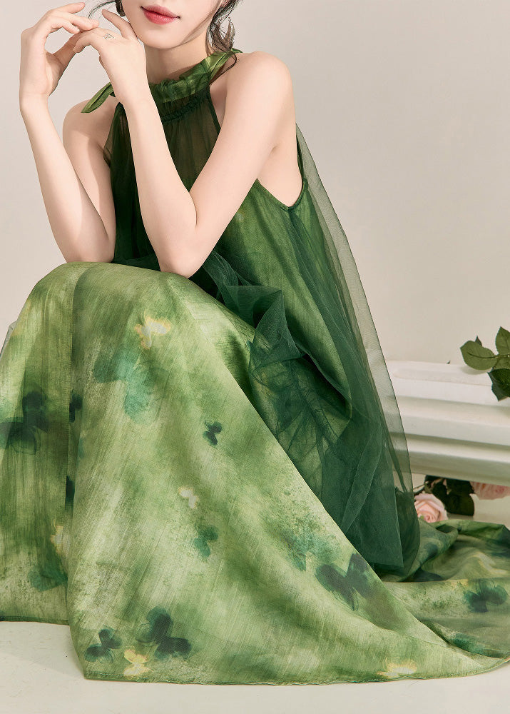 Halter Smocked Ruffle Neck Sheer Tulle Butterfly Print Layered Maxi Dress