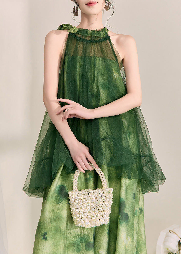 Halter Smocked Ruffle Neck Sheer Tulle Butterfly Print Layered Maxi Dress 2